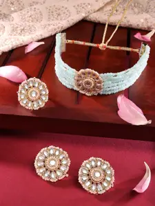 Zaveri Pearls Turquoise Blue Crystals Beaded Kundan Choker Necklace Earring & Ring Set