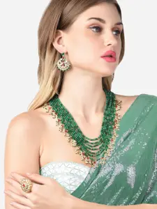 Zaveri Pearls Pink & Green Crystals Beaded Multilayer Bridal Necklace Earring & Ring Set