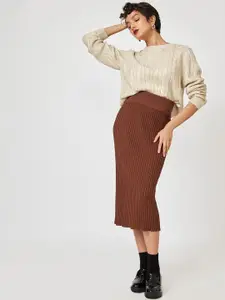 The Label Life Women Brown Solid Midi Length Skirt