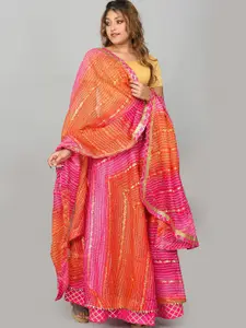 Kesarya Women Pink Bandhani Cotton Semi-Stitched Lehenga & Unstitched Blouse With Dupatta