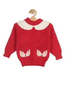 Lil Lollipop Girls Red & Off White Printed Pullover with Fuzzy Detail