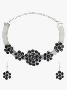 CARDINAL Oxidized Silver-Toned Black Stone Studded Choker Necklace Set