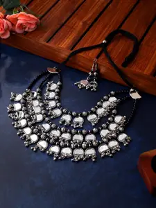 CARDINAL Silver-Toned Stone STudded & Beaded Multi Strand Choker Necklace Set