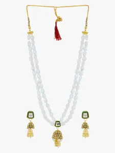CARDINAL Gold-Toned White & Green Kundan Studded & Beaded Layered Necklace Set