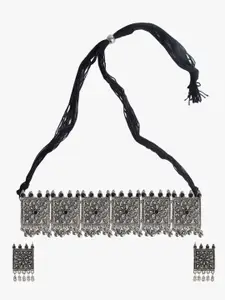 CARDINAL Silver Toned Black Oxidized Beads Floral Choker Necklace Set