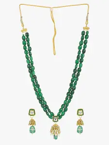 CARDINAL Women Gold-Toned  Green Kundan Onyx Long Necklace Set