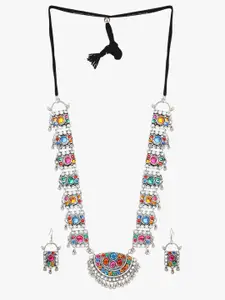 CARDINAL Silver-Toned Stone Studded Long Necklace Set