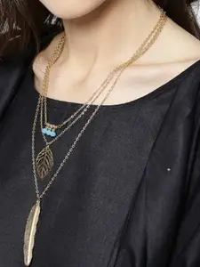 OOMPH Beige & Gold-Toned Feather Multi Layered Multi-Strand Bohemian Fashion Necklace