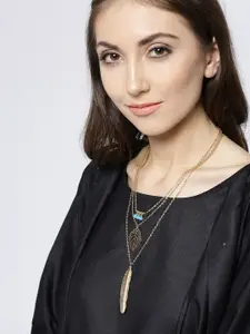 OOMPH Beige & Gold-Toned Feather Multi Layered Multi-Strand Bohemian Fashion Necklace