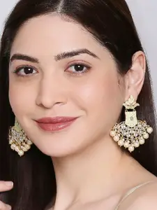 OOMPH Women White Enamel Kundan & Pearls Gold-Plated Geometric Chandbalis Earrings