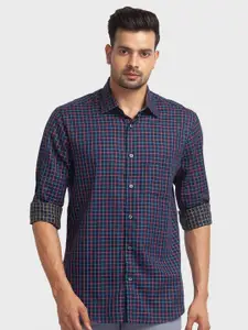 ColorPlus Men Blue Tailored Fit Checked Organic Cotton Casual Shirt