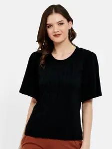 UNMADE Black Solid Cotton Modal Pleated front Top