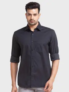 ColorPlus Men Black Self Design Tailored Fit Organic Cotton Casual Shirt