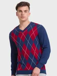 ColorPlus Men Blue & Red Checked Pullover