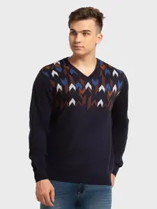 ColorPlus Men Plus Size Blue & Brown Self Design Pullover