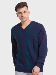 ColorPlus Men Plus Size Blue Checked Wool Pullover