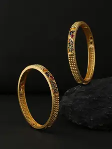 VIRAASI Set Of 2 Gold-Plated Red & Green Stone-Studded Bangles