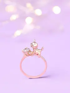 AMI Women Rose Gold-Toned & White Rose-Gold-Plated CZ Studded Cute Kitten Finger Ring