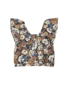 Pepe Jeans Girls Brown & Cream-Coloured Floral Print Ruffles Top