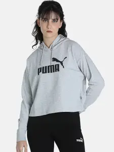Puma Women Grey Essential Logo Loose Cropped Hoodie