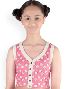 DChica Girls Pink & White Printed Cotton Sleeveless Front Open Thermal Tops