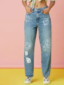 ONLY Women Blue Straight Fit High-Rise Heavy Fade Printed Jeans