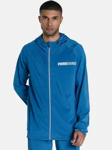 Puma Men Blue White Typography Longline Tec Regular Fit Sport Sporty Jacket