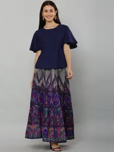 EZIS FASHION Women Blue Printed Flared Maxi Skirt & Top Co-Ord Set