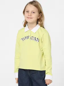 KIDS ONLY Girls Yellow Typography Printed Polo Collar T-shirt