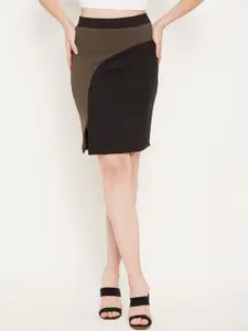 Bitterlime Women Black & Brown Colourblocked Solid Mini Pencil Skirts