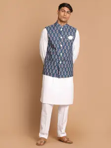 VASTRAMAY Men Pure Cotton Kurta with Pyjamas & Printed Nehru Jacket