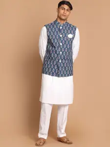 VASTRAMAY Men White Pure Cotton Kurta with Pyjamas & Nehru Jacket
