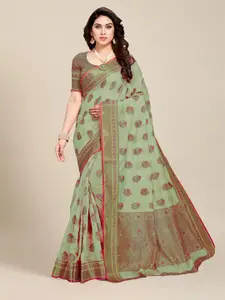 MS RETAIL Taupe & Red Floral Zari Chanderi Saree