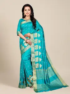 MS RETAIL Turquoise Blue & Gold-Toned Ethnic Motifs Zari Silk Blend Kanjeevaram Saree