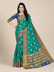 MS RETAIL Teal Green & Blue Ethnic Motifs Zari Silk Blend Kanjeevaram Saree