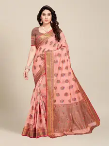 MS RETAIL Pink & Gold-Toned Floral Chanderi Saree