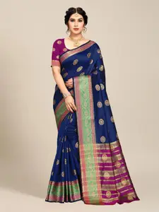 MS RETAIL Navy Blue & Green Woven Design Art Silk Saree