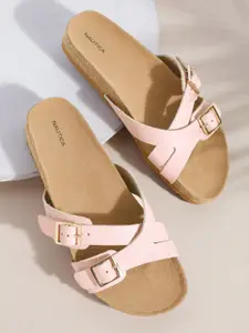 Nautica Women Pink Solid Open Toe Flats with Buckle Detail