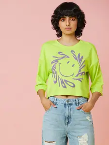 ONLY X Smiley Collection Green Printed Drop-Shoulder Sleeves Oversized Cotton T-shirt