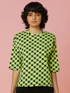 ONLY Women Black & Green Printed Drop-Shoulder Sleeves Oversized T-shirt