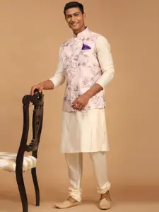 VASTRAMAY Men Solid Kurta & Churidar with Floral Print Nehru Jacket