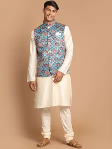 VASTRAMAY Men Solid Kurta with Pyjama & Floral Printed Nehru Jacket