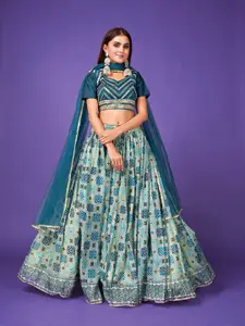 SHOPGARB Blue & White Embellished Mirror Work Semi-Stitched Lehenga & Unstitched Blouse With Dupatta
