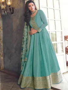 ODETTE Women Green Floral Embroidered Kurta with Skirt & With Dupatta