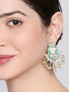 OOMPH Women Gold-Plated & Green Geometric Drop Earrings