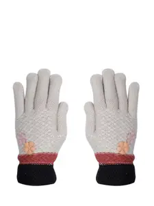 LOOM LEGACY Women Cream Colored Patterned Acrylic Hand Gloves