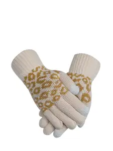 LOOM LEGACY Women Beige & Mustard Yellow Self Design Winter Acrylic Hand Gloves