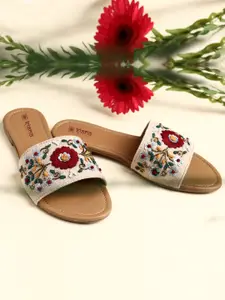 Kiana Women Beige Embroidered Open Toe Flats