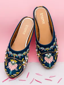 Kiana Women Teal Embroidered Ethnic Mules Flats