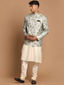 VASTRAMAY Men Cream-Coloured Printed Angrakha Kurta with Pyjamas
